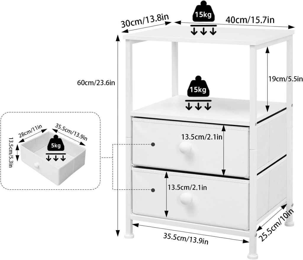 Comodino Camera da Letto, Comodino Bianco con 2 Cassetti in Tessuto e 1 Scomparto Aperto, Moderno, in Legno Metallo, 40x30x60 cm