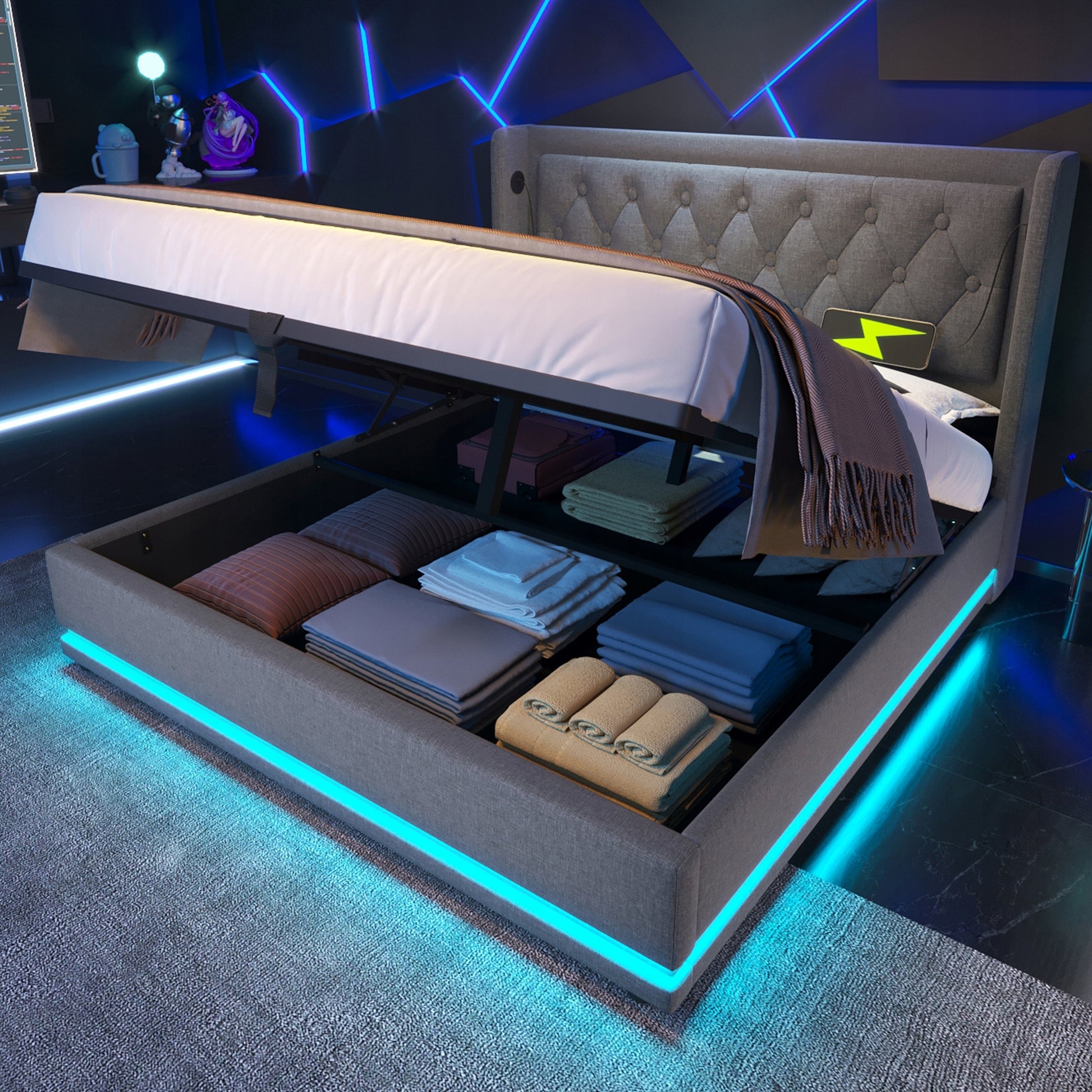 Letto imbottito 140x200 grigio - Xylo - con struttura sollevabile