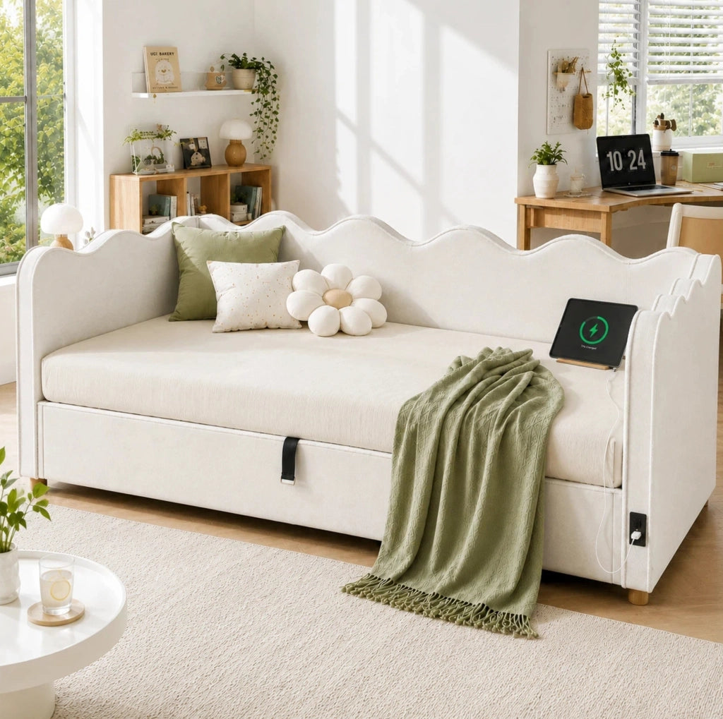 Letto daybed 90x200 cm con contenitore idraulico; velluto beige; con presa USB e Type-C
