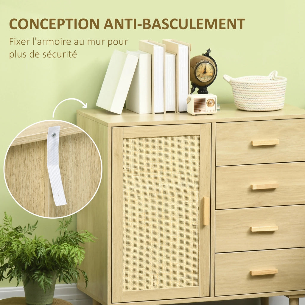 Credenza in rattan con ante intrecciate e 4 cassetti ¨C Xylo ¨C Effetto legno naturale 80x38x80,5 cm