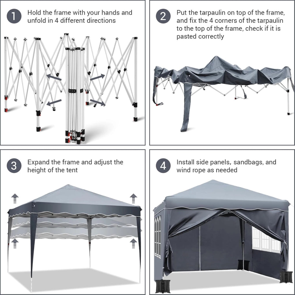 Gazebo Pieghevole 3x3 Impermeabile con 4 PCS Sacchi di Sabbia, UV 50+ 4 Pareti Laterali, Tenda da Campeggio, Giardino, Festival e Feste Grigio