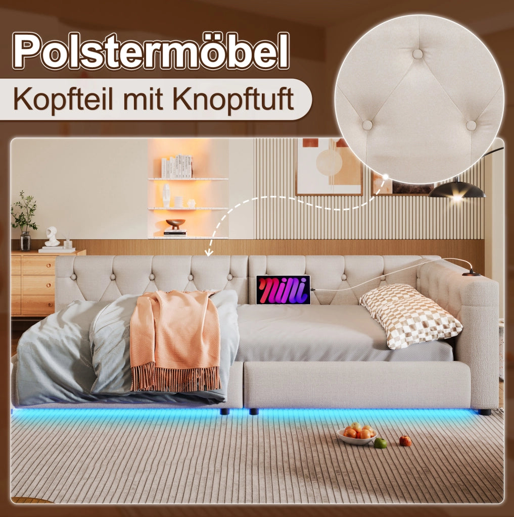 Divano letto con rete a doghe, LED e porte USB-C, Beige