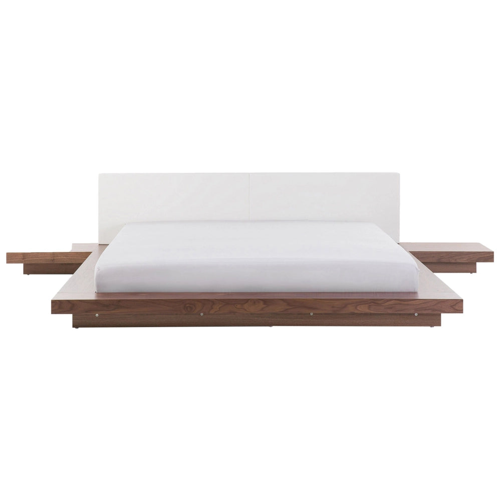 Letto LED in stile giapponese in frassino marrone 180 x 200 cm testata in legno impiallacciato MDF testata in pelliccia sintetica