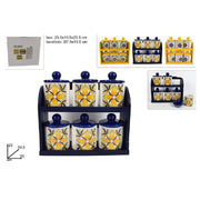Trade Shop - Set 6 Pz Barattoli In Ceramica Decorata Fantasia Decoro Maiolica Con Espositore -