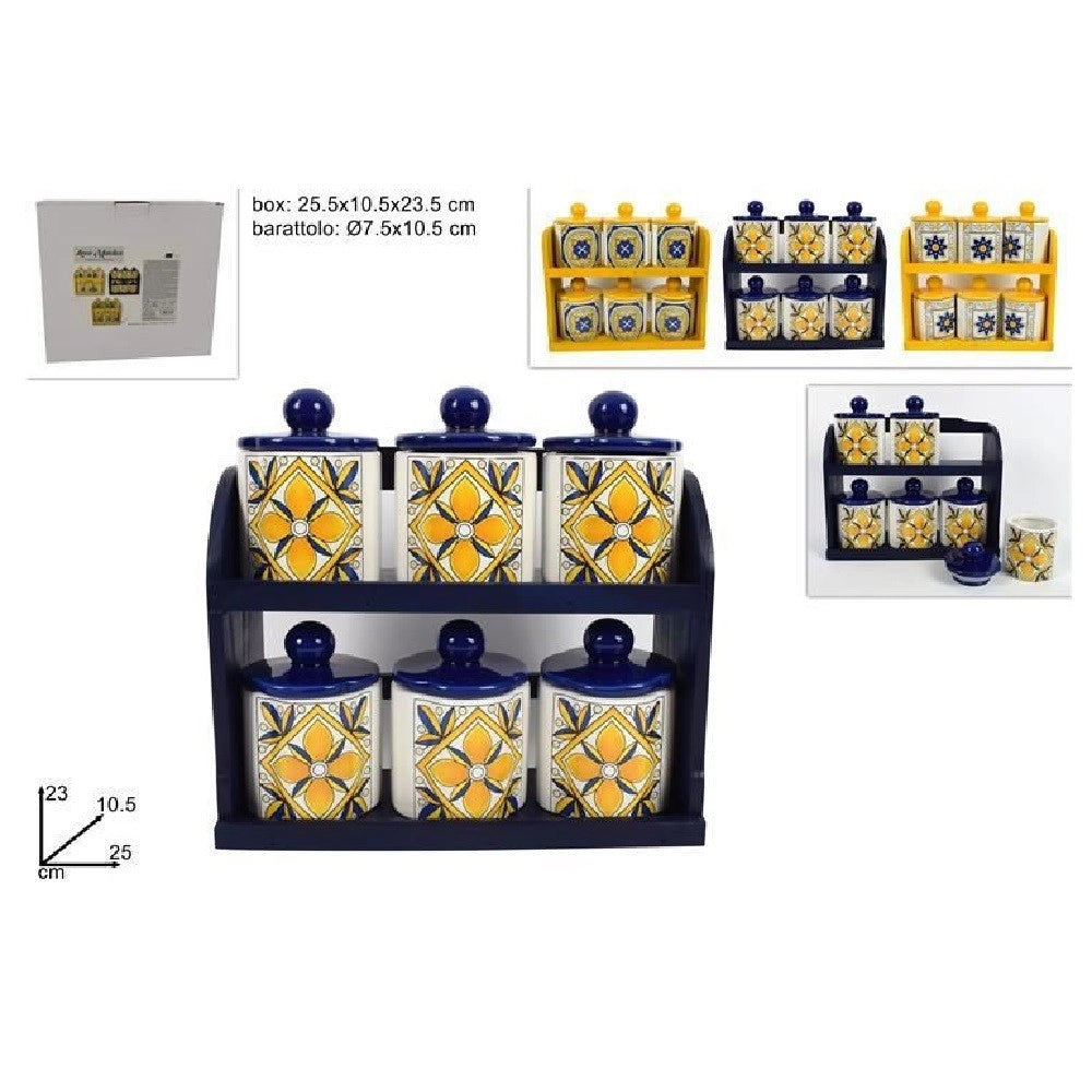 Trade Shop - Set 6 Pz Barattoli In Ceramica Decorata Fantasia Decoro Maiolica Con Espositore -