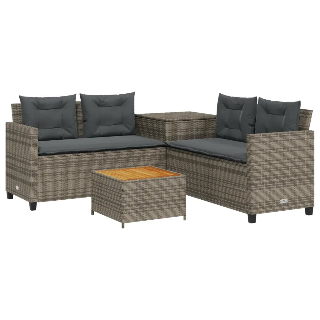 Divano da Giardino con Tavolo e Cuscini a L Grigio Polyrattan 369037