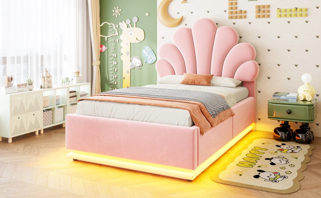 DESMIU Letto singolo 90 × 200 cm con contenitore idraulico, LED e testiera floreale, senza materasso, rosa
