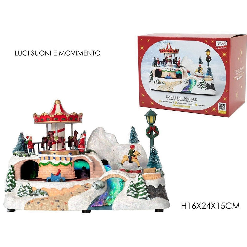 Trade Shop - Giostrina Natalizia Il Parco Giochi Incantato H16,5 Cm Con Luci Suoni Movimento Addobbo -