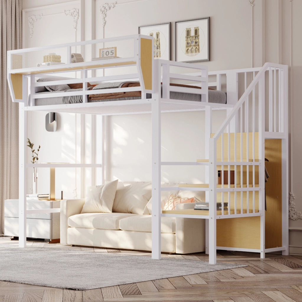 Letto a soppalco 90x200 in metallo bianco con scala di sicurezza e ripiano
