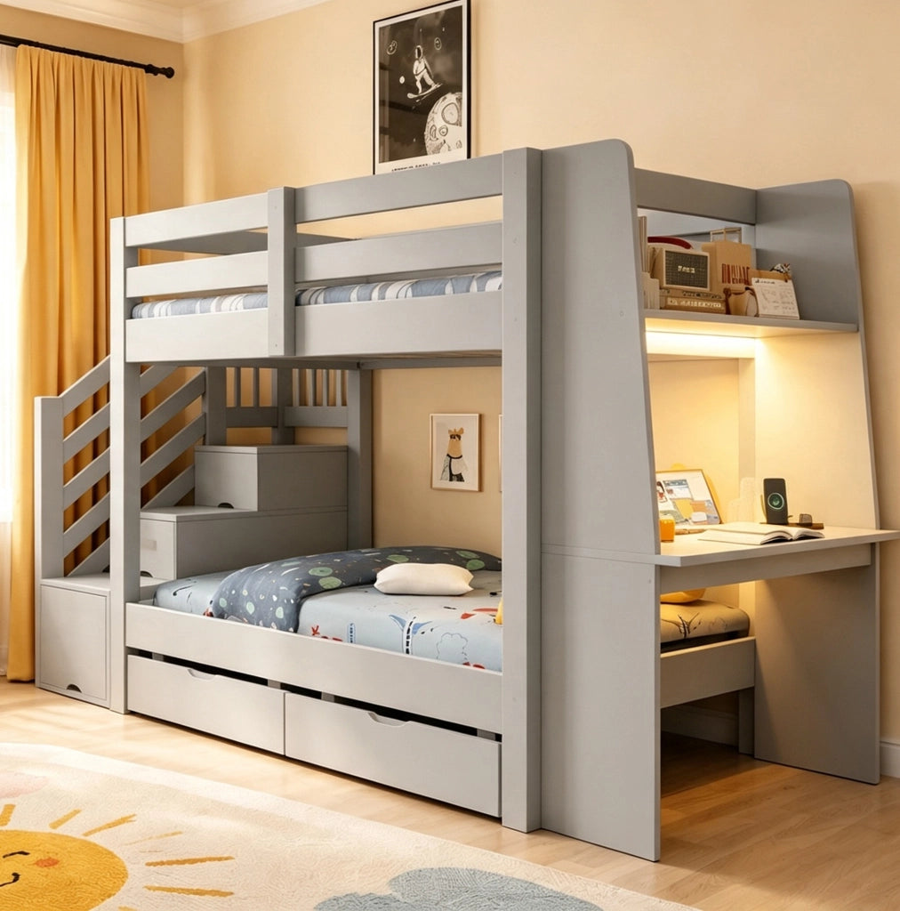 Letto a soppalco ULEVR 90x200 cm con scrivania, libreria, scala contenitore, LED e 2 cassetti, grigio