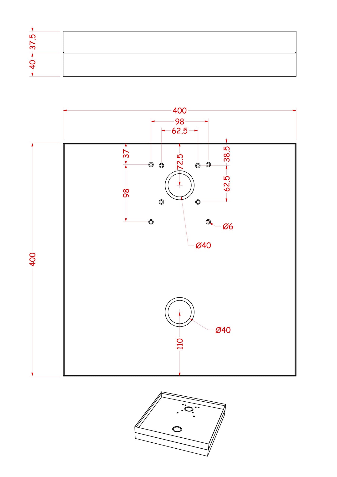 Base Portaciottolo per Fontane 40x40x8 cm in Metallo con Base in Cemento Belfer 42/BSE/10 Rosso