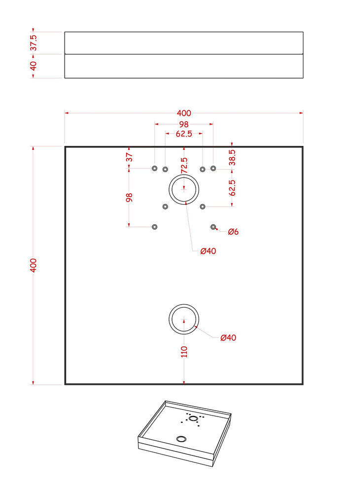 Base Portaciottolo per Fontane 40x40x8 cm in Metallo con Base in Cemento Belfer 42/BSE/10 Rosso