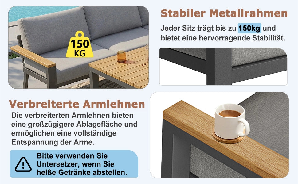 Set Divano da Giardino ad L 8 Posti con Tavolo in Legno ¨C Xylo ¨C Polyrattan Grigio, Ferro