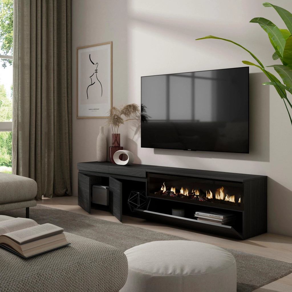 Mobile TV, 200x35x45cm, soggiorno, Per TV fino a 80", Camino elettrico, Nero RF2193