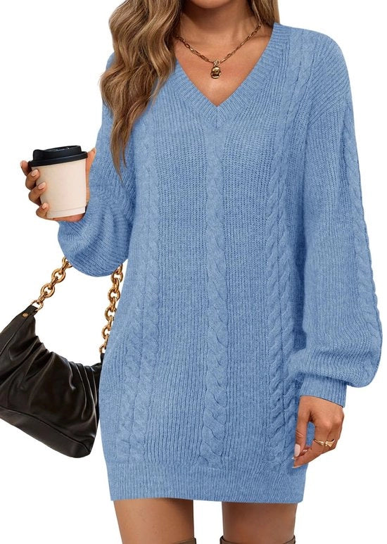 Mini-jurk con collo V - Maglione a maglia - Stile oversized - Maniche a lumiere - Modelli alossa - Tessuto morbido