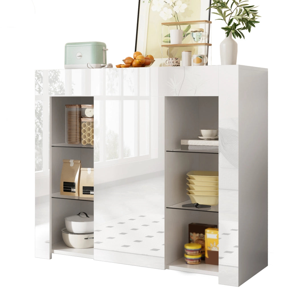 Credenza moderna bianca con frontale lucido e ripiani in vetro; 95x35x83 cm; truciolare