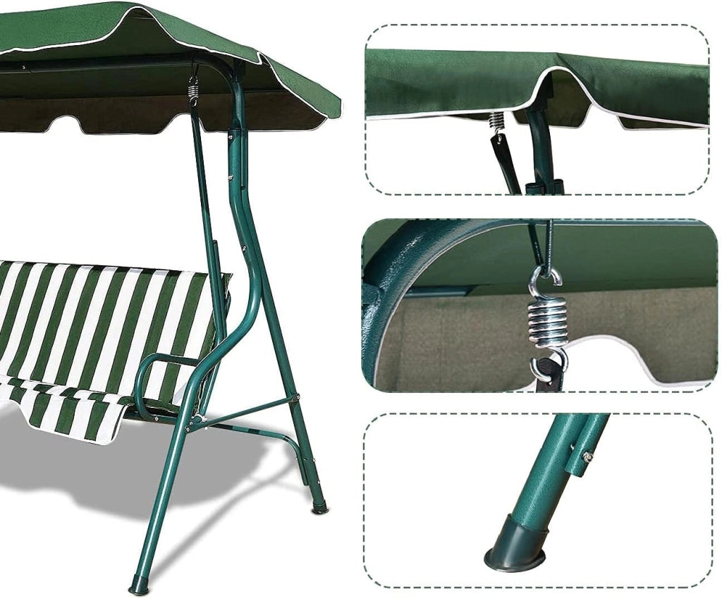 Dondolo da Giardino, a 3 Posti, Sedia da Oscillazione, Altalena con Tettuccio Ricambiabile, Portata di 210 kg, Verde/Marrone/Nero