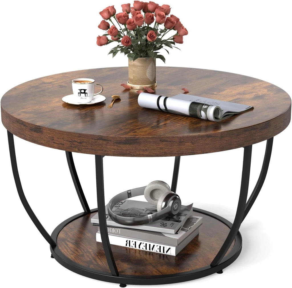 Tavolino da Caffè Rotondo a 2 Ripiani, Tavolo da Salotto in Legno con Struttura in Metallo, Tavolino Soggiorno Industriale con Piedini Regolabili, 80 x 80 x 45 cm (Marrone scuro)