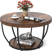 Tavolino da Caffè Rotondo a 2 Ripiani, Tavolo da Salotto in Legno con Struttura in Metallo, Tavolino Soggiorno Industriale con Piedini Regolabili, 80 x 80 x 45 cm (Marrone scuro)