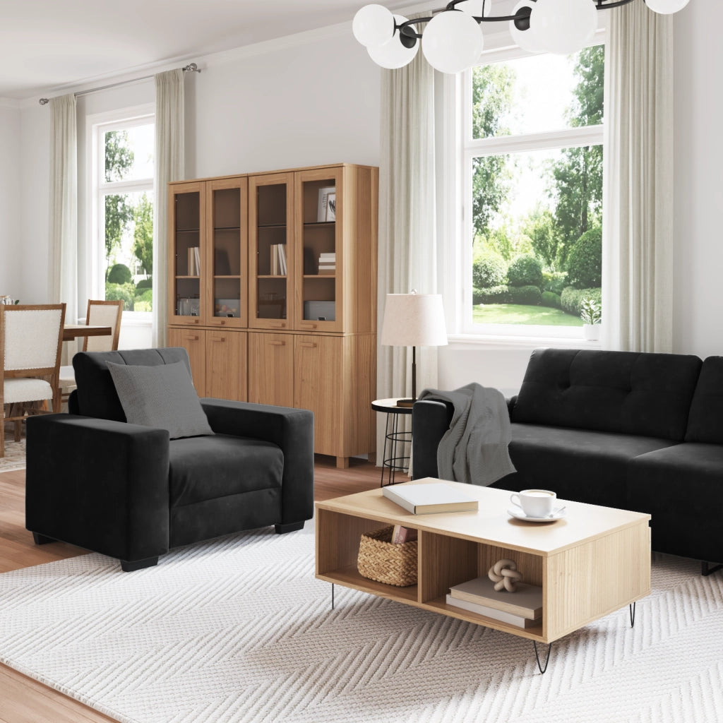 Set Divano 3 Pezzi con Cuscini Nero Velluto