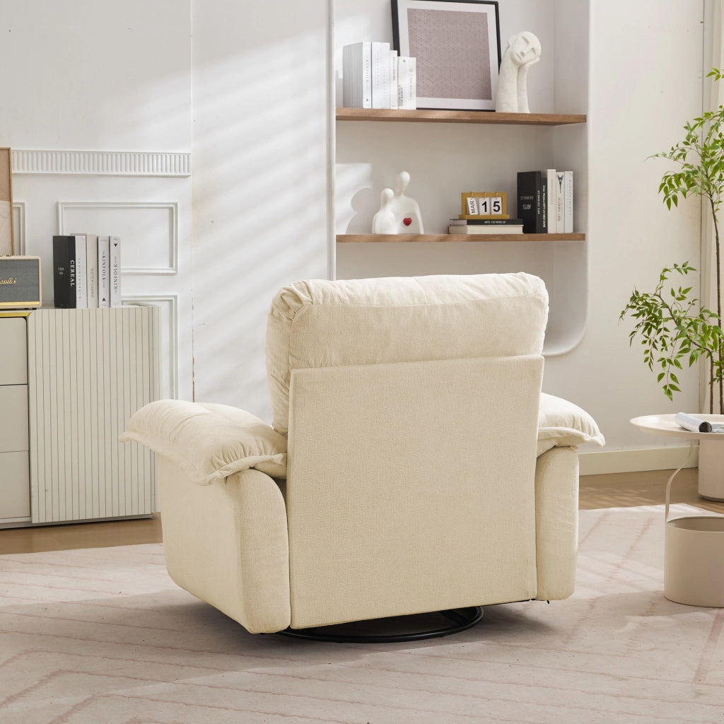 Fauteuil girevole 360° oversize in ciniglia con cuscino di sostegno ergonomico e base in metallo beige