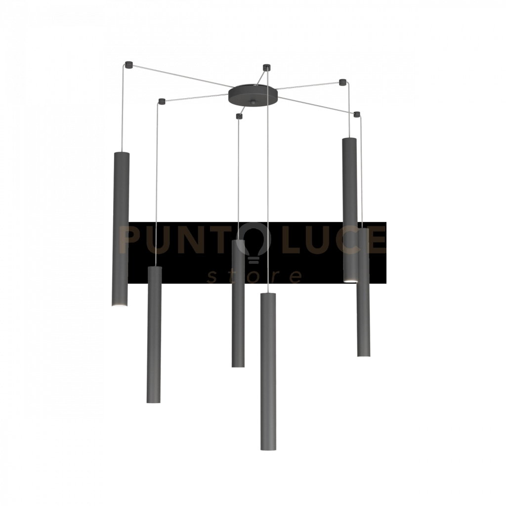 ROUND TUBE SOSPENSIONE 6 LUCI GRIGIO ANTRACITE CAVO CM.250 CON BASE 1174-S6-GA