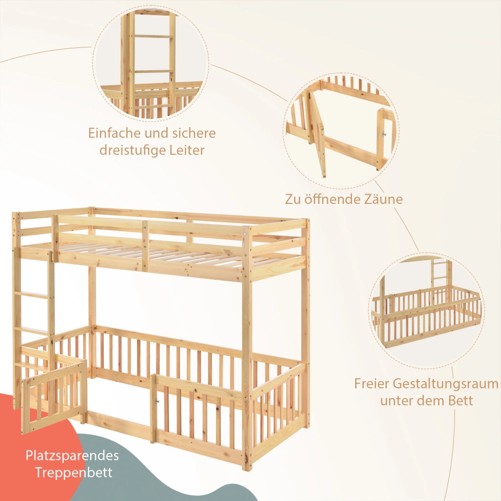 OKWISH Letto a Castello 90×200 cm, Letto Singolo con Scala Dritta, Sponde e Porta, senza Materasso, in Legno Massello, Naturale