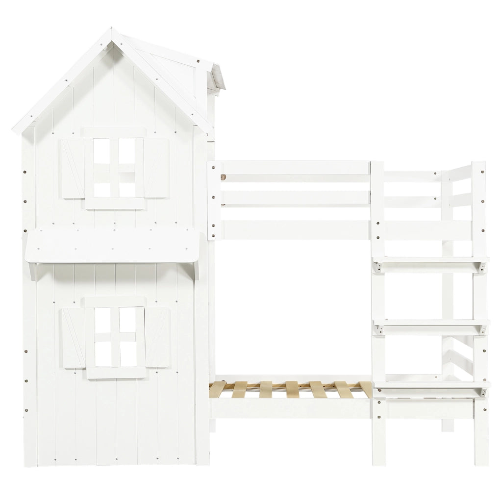 Letto a castello per bambini bianco 90x200 cm con ringhiere di sicurezza e scala a 3 gradini in pino, MDF e compensato