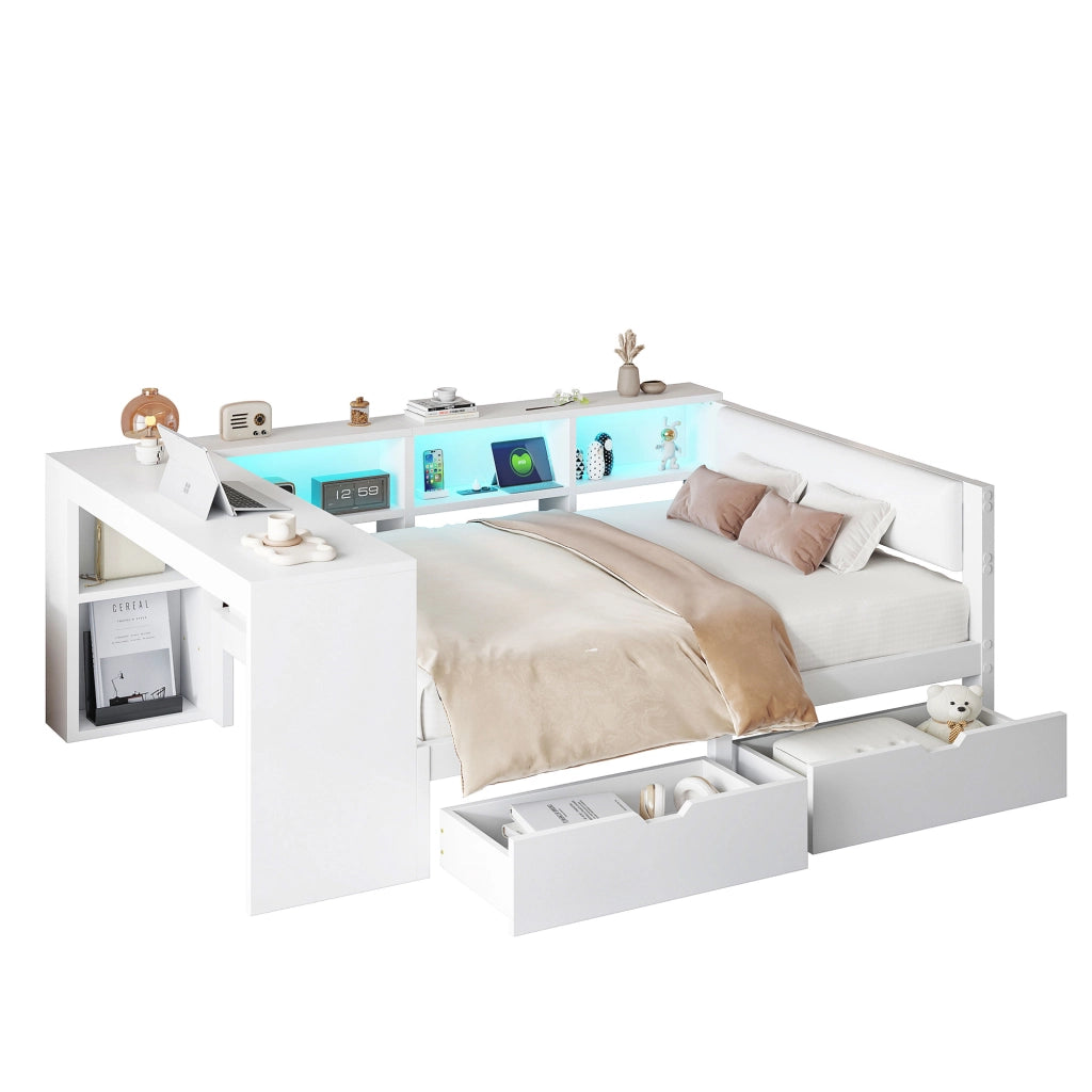 Letto per adulti 140 × 200 cm con testiera imbottita, ripiani, 2 cassetti, prese USB e LED, senza materasso, bianco