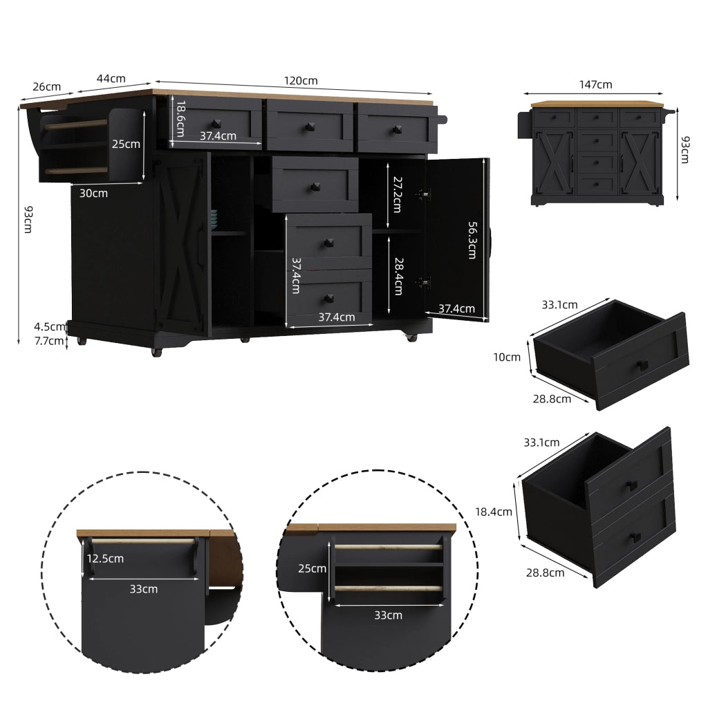 OKWISH Carrello da Cucina con Piano Pieghevole e Vano Contenitore Mobile Stile Moderno per Cucina Sala da Pranzo MDF Nero