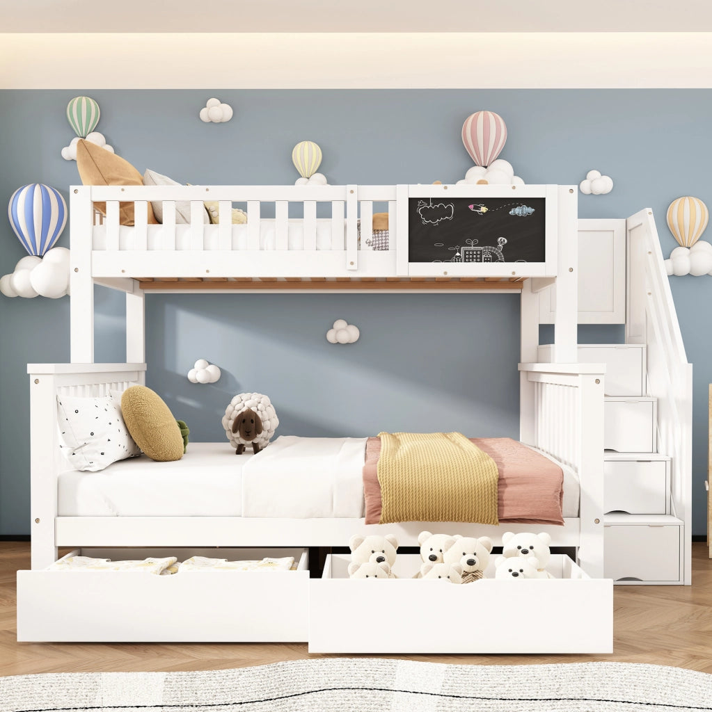 Letto a castello 90x200 e 140x200 cm con lavagna e cassetti in legno bianco