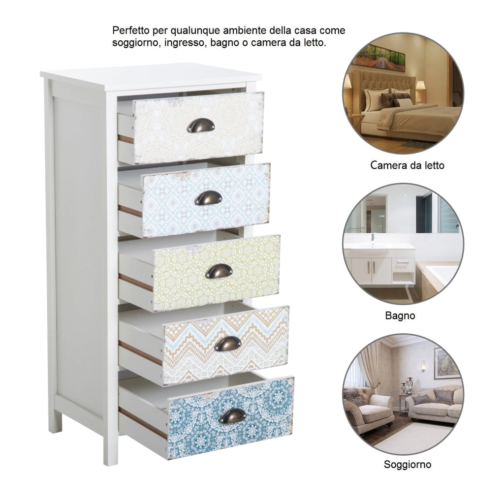 Cassettiera con 5 Cassetti 46x34x97,5 cm in MDF Bianco