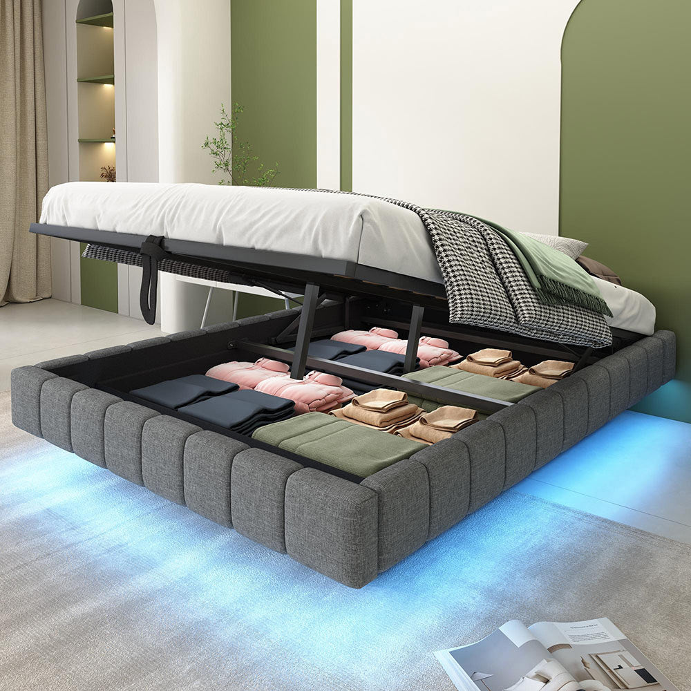 Letto-Xylo-140x200 cm-idraulico, LED, senza testiera, lino grigio