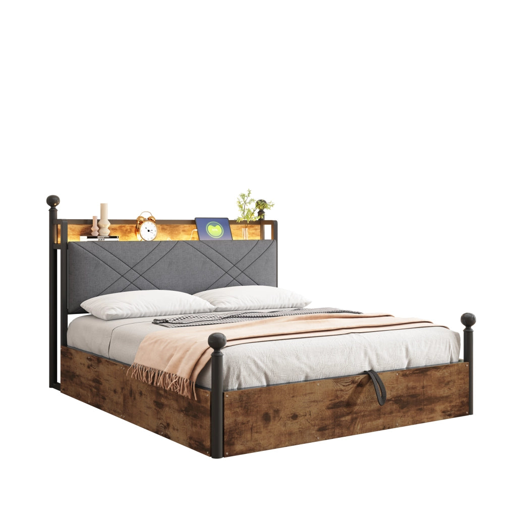 Letto 140x190 cm con baldacchino removibile; contenitore e LED in metallo e legno nero