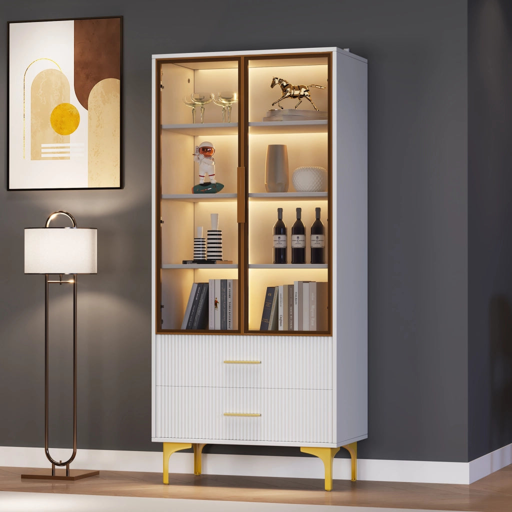 VETRINA 70x35x150 cm Bianca con ante in vetro color tè e LED