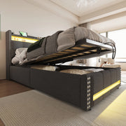 Letto imbottito ULEVR 90x200 cm con contenitore idraulico, LED multicolore e presa USB, lino grigio