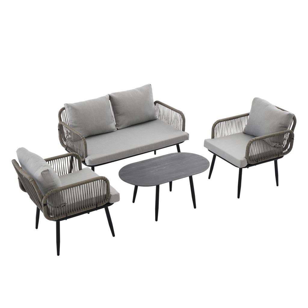 Set Salotto da Giardino con Divano 2 Posti, 2 Poltrone e Tavolino ¨C MINIMAL ¨C Polyrattan Grigio con Cuscini