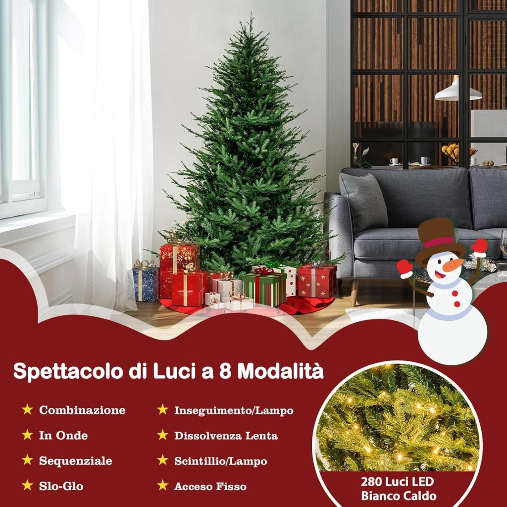Albero di Natale 136/183/213 cm, Albero di Natale Artificiale Pre-Illuminato con 386/788/1130 Rami in PE e PVC, 180/280/380 Luci a LED Bianco Caldo e 8 Modalità di Illuminazione (183 cm)