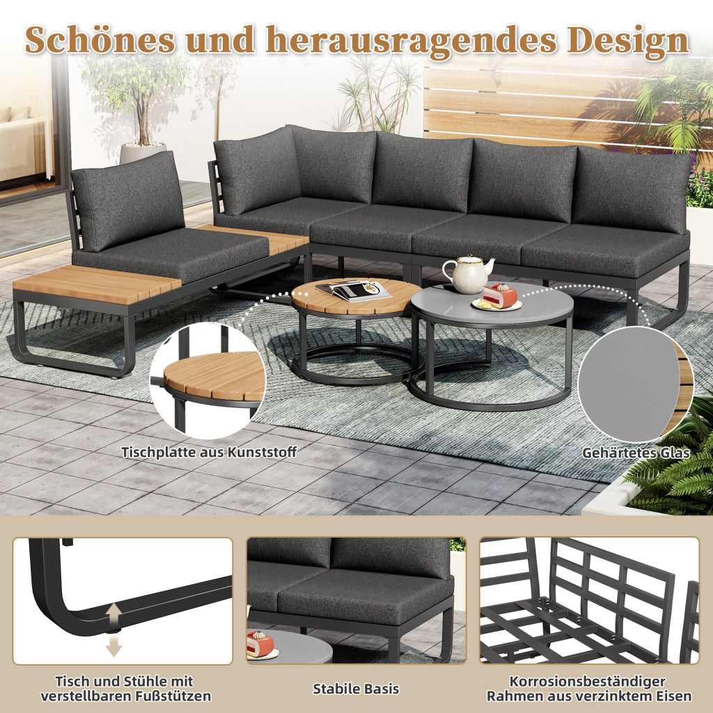 Set lounge da giardino 5 posti con 2 tavolini impilabili in ferro grigio con cuscini inclusi