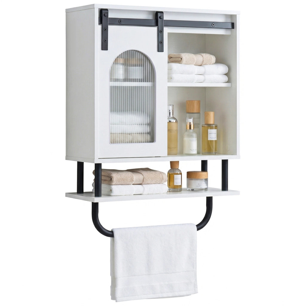 Armadietto bagno parete legno pensile ripiano aperto anta scorrevole portasciugamani, Armadietto medicinali salvaspazio cucina soggiorno 50x20x70cm