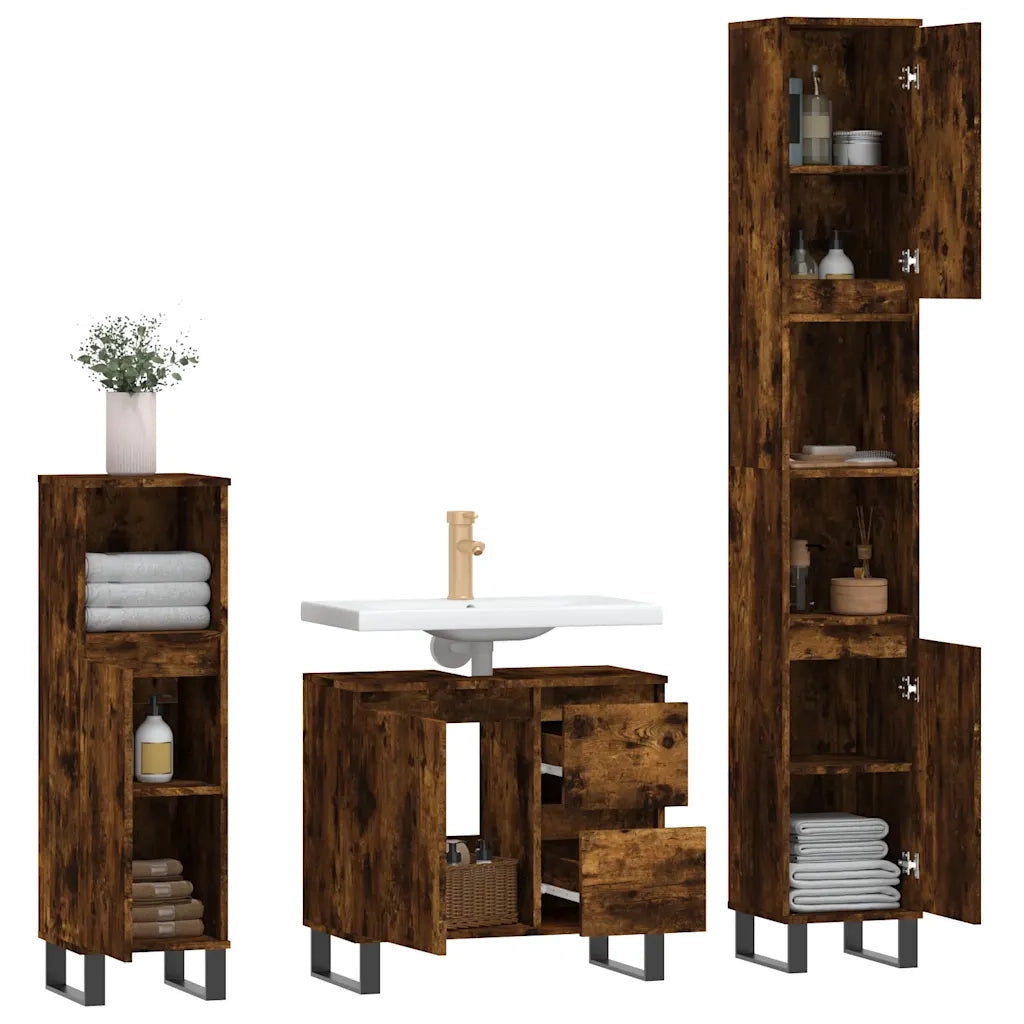 Set Mobili da Bagno 3 pz Rovere Fumo in Legno Multistrato 3190234