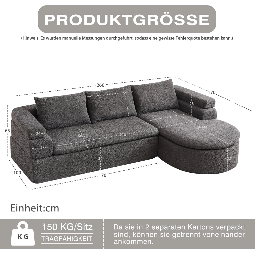 Divano angolare con chaise longue in chenille con bracciolo a gradini e schienali imbottiti grigio antracite