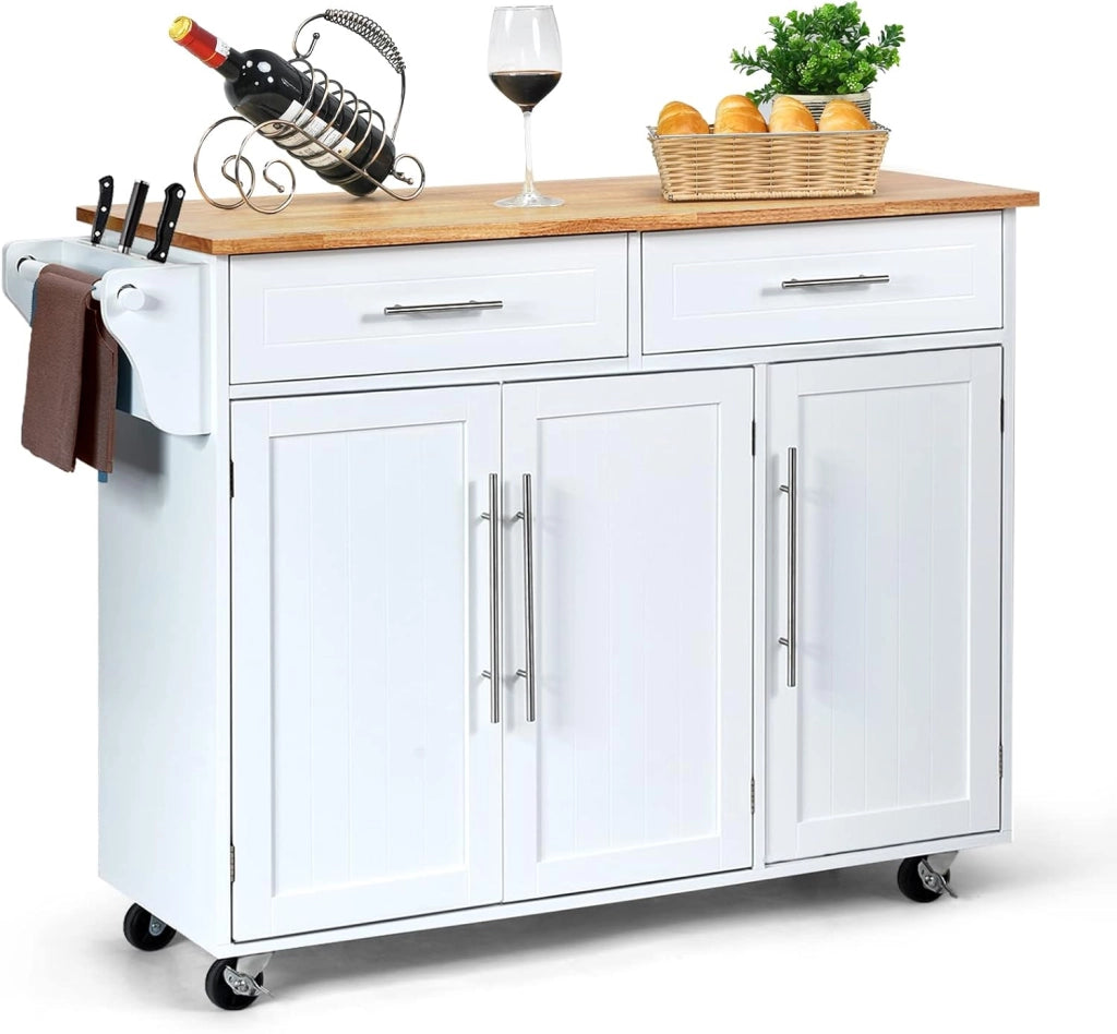 Carrello Portaoggetti con Ruote con 2 Freni, Isola Cucina in Rovere Massiccio, Mobiletto da Pranzo con Portaspezie e Portasciugamani, per Soggiorno, 111,5 x 46 x 93 cm, In 2 Pacchi (Bianco)