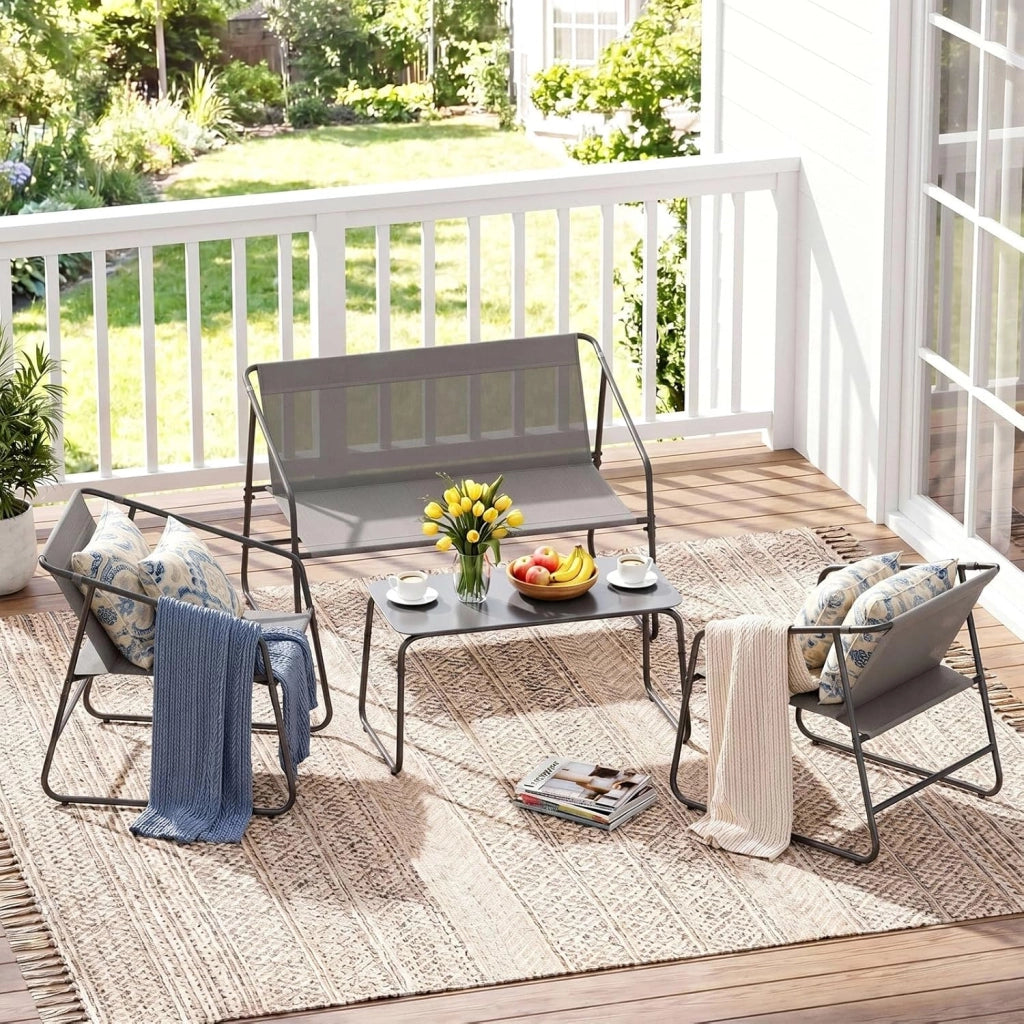 Set Salotto da Giardino 4 Pezzi, Mobili da Balcone in Tessuto Texteline con Divano 2 Posti, 2 Poltrone e Tavolino, Resistente alle Intemperie, Ideale per Balcone Terrazza Giardino, Grigio