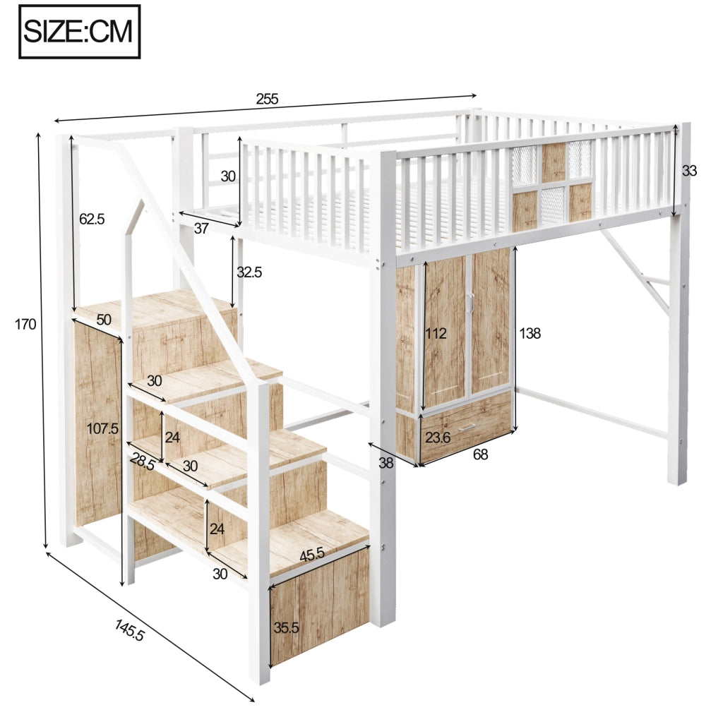 Letto a soppalco 140x200 cm con armadio, cassetto e scala contenitore