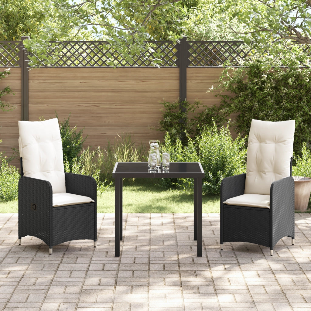 Set da Pranzo da Giardino 3 Pezzi con Cuscini Neri Polyrattan