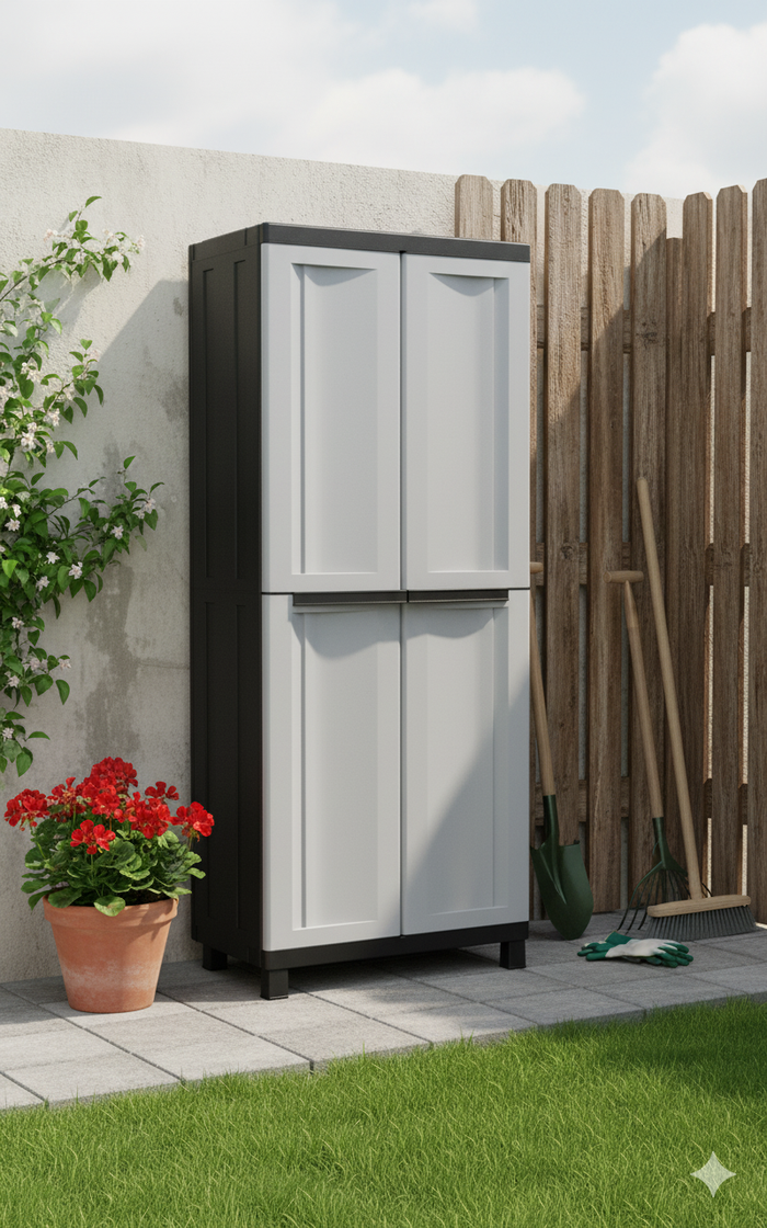 Armadio Portascope Modulare da Esterno 68x39x170 cm 2 Ante 4 Ripiani in Polipropilene Twist Grigio e Nero