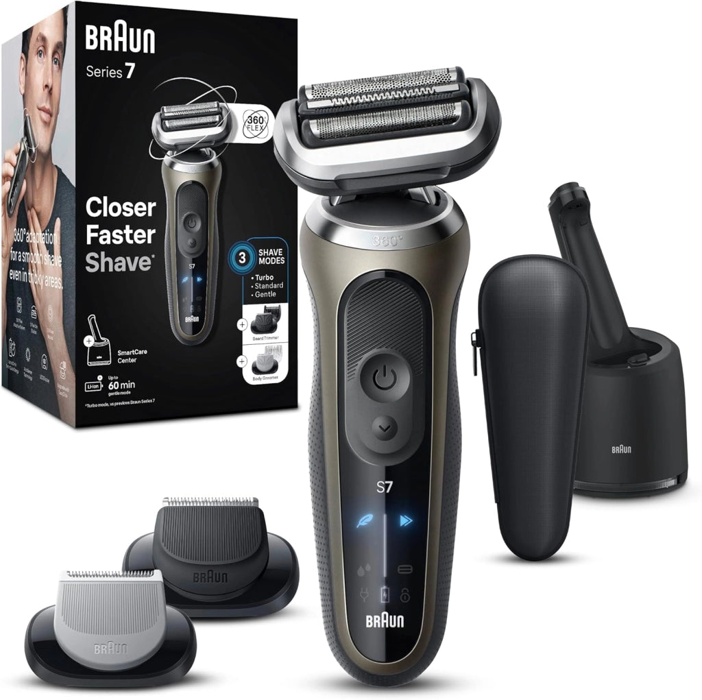 Braun Serie 7 Rasoio Elettrico Barba, Wet&Dry, Regolabarba Uomo, Rasoio Barba, 60 Min di Utilizzo, Stazione Smartcare 4in1, +2 Accessori, Senza Fili,100% Impermeabile, Regolabarba Braun 72-C7650cc Oro