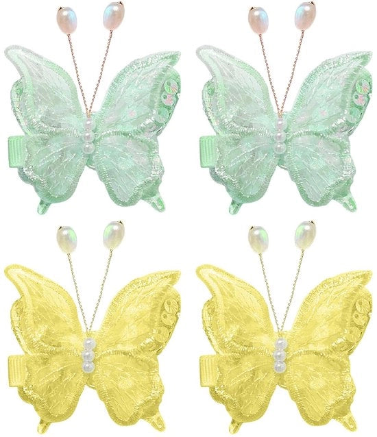 Accessori per capelli 4 pezzi - Clip per capelli in forma di farfalla - Decorazioni per capelli - Giallo/Verde - Materiale leggero e traspirante - 5,5 cm - Spilla per capelli