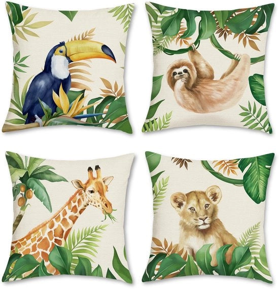 Set di 4 cuscini Jungle Animali - 45 x 45 cm - Lino in Poliester - Coperture Decorative per Cuscini - Decorazione Esterna Estiva
